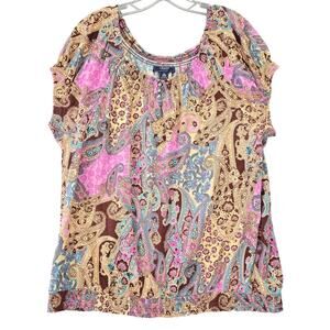 Chaps Denim Purple Shirt Preppy Boho Paisley Short Sleeves Stretch Women Size 2X